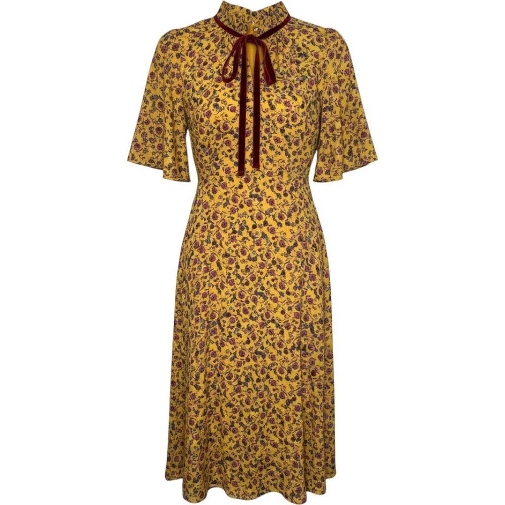 Donna Morgan Yellow Floral Midi Dress Velvet Tie Neck Ruffle Flutter Sleeve 4